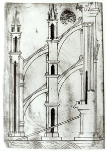 Ms Fr 19093 f.32v Section du mur et arche des chapelles absidiales de la cathédrale de Reims (copie fac-similé) - Villard de Honnecourt