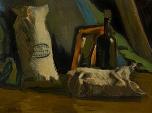 Nature morte avec une bouteille et deux sacs