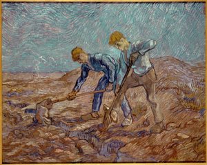 Deux paysans creusant après le millet