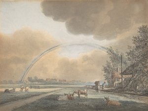 Paysage avec un arc-en-ciel sur une ferme et un village lointain, n.d.