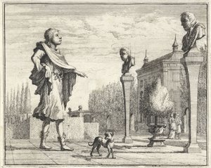 Homme près de deux hermès dans un jardin formel - Vincent Laurensz. van der Vinne (II)
