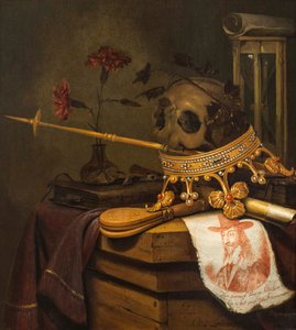 Nature morte de vanité avec un crâne, une couronne, un sceptre, une flûte, un soufflet, un sablier, des œillets dans un vase en verre, un parchemin, un livre et un portrait gravé de Charles Ier - Vincent Laurensz van der Vinne