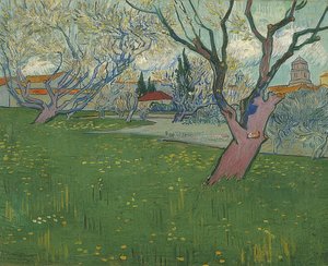 Verger en fleurs avec vue sur Arles