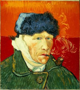 Autoportrait avec bonnet de fourrure, oreille bandée et pipe