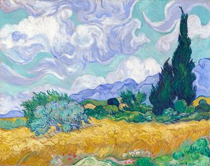 Champ de blé avec cyprès