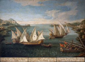 Bataille navale entre les navires vénitiens de Marco Ivanovich Dobrota et les navires turcs au large de Patras le 17 avril - Vincenzo Chilone