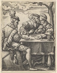 Deux hommes et une femme jouant aux cartes à une table, un homme appuyant son nez vers..., vers 1535-62