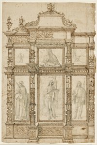 Étude pour un retable avec six images dans une structure ornée de cadres. Haut : La stigmatisation de Saint François, Madone et Enfant, Saint Jérôme dans le désert ; bas : Saints Laurent, Sébastien et Roch - Vittore Carpaccio