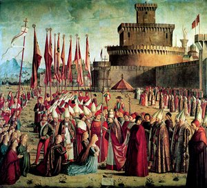 Les pèlerins sont accueillis par le pape Cyriacus devant les murs de Rome La légende de Sainte Ursule, 1497