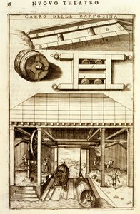 Mécanisme de poulie hydraulique à cheval pour déplacer des marchandises entre terre et eau, 1607 - Vittorio Zonca