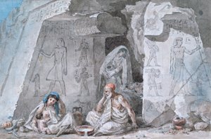 Famille égyptienne devant une tombe ancienne, 19ème siècle