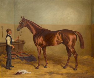 Sir Hugo à trois ans tenu par un palefrenier dans une écurie, c.1875-92