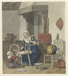 Intérieur avec une femme filant et un enfant