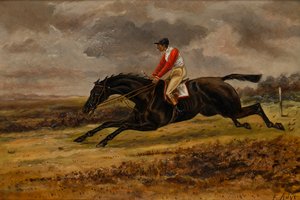 Un cheval au galop avec jockey portant les couleurs de course de Bradford, c.1839-98
