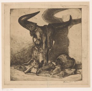 Nature morte avec crâne de bœuf, cruche et chiffon - W. Marchal