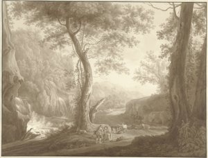 Paysage de montagne avec berger et voyageur