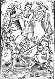 Allégorie de Walter Crane : Le socialisme triomphe durement de la lutte entre le libéralisme et le torysme (Parti conservateur anglais). Gravure de la fin du XIXe siècle. - Walter Crane