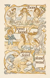 Mots rimant se terminant par la lettre D. Sirènes. Enfants construisant des châteaux de sable sur une plage. Le primer doré - Walter Crane