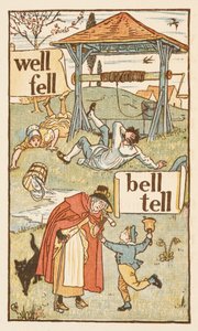 Mots rimant se terminant par la lettre L. Un garçon avec une cloche. Une vieille femme et son chat. Le primer doré. - Walter Crane