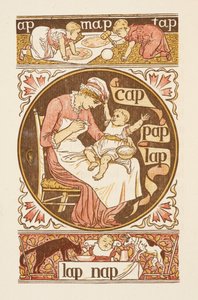 Mots rimant se terminant par la lettre P. Une illustration montrant une femme nourrissant un enfant. Le primer doré - Walter Crane