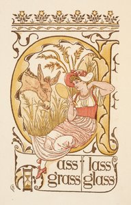 Mots rimant se terminant par la lettre S. Une femme tenant un miroir à main. Le Golden primer. - Walter Crane