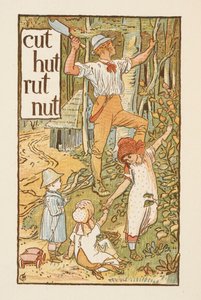 Mots rimant se terminant par la lettre T. Une illustration montrant un homme coupant un arbre. Trois enfants sont avec lui. Le primer doré