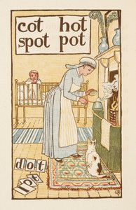 Mots rimant se terminant par la lettre T. Une illustration montrant une infirmière faisant bouillir une marmite pour un enfant malade. Le Golden primer. - Walter Crane