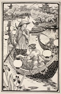 Quand le soir est venu, ils sont remontés dans leur bateau, le couronnant de fleurs de la proue à la poupe, illustration de 