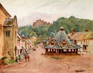 Château de Dunster et marché de fil (lithographie en couleur)
