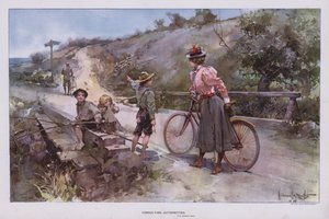 Consulter les autorités : femme en promenade à vélo demandant des directions à un groupe d