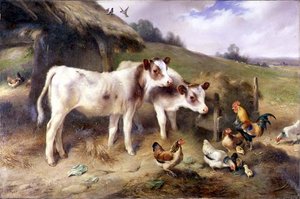 Veaux et volailles devant une grange - Walter Hunt