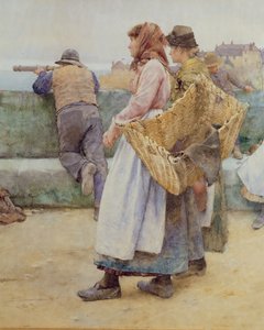 Dans un village de pêcheurs en Cornouailles : Départ de la flotte pour le Nord, détail de deux poissonnières, 1886 (détail)