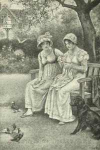 Jane Austen, cousant, avec sa sœur Cassandra dans le jardin du presbytère