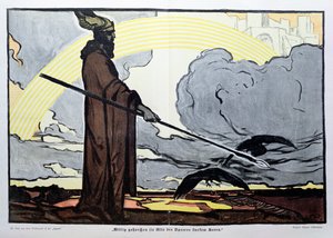 Odin avec ses deux corbeaux, Hugin (pensée) et Munin (mémoire) - Walter Puttner