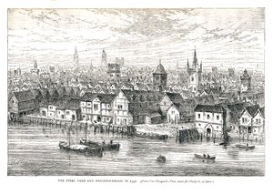 Le quai de fer de Steel Yard et le quartier en 1540. Sur le bord de la rivière, 1878