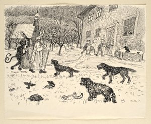 Saint Nicolas et Krampus dans le paysage avec les enfants