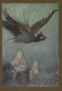 Planche 10: "Un oiseau monstrueux sort apparemment du palais", de Folk-Tales of Bengal ... Avec 32 illustrations en couleur par Warwick Goble (Edition de luxe.) 1914