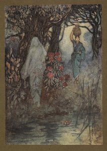 "La femme du Brahmane devait aller au réservoir, et en y allant, elle fut frôlée par une Sankchinni", de Folk-Tales of Bengal ... Avec 32 illustrations en couleur par Warwick Goble (Edition de luxe) - Warwick Goble