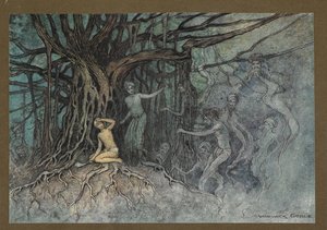 "Au moment où le premier coup fut donné, de nombreux fantômes se précipitèrent vers le Brahmane", de "Folk-Tales of Bengal ... Avec 32 illustrations en couleur par Warwick Goble (Edition de luxe)