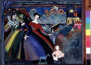 Jeunes femmes à quai, au loin un bateau semble faire naufrage. Peinture de Vassily Kandinsky