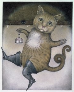 Le Chat Botté fait un saut périlleux (crayon et crayon de couleur sur papier)