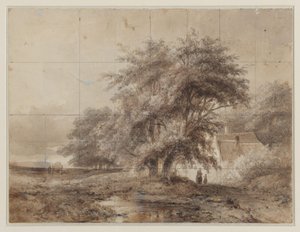 Paysage avec une ferme sous les arbres à droite, avec une femme et un enfant devant