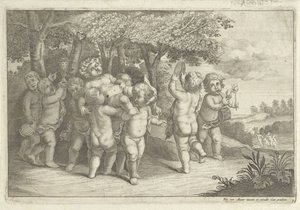 Garçons jouant de la musique et dansant portant un bacchant