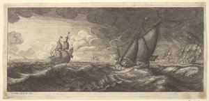 Un yacht et trois navires de guerre dans une tempête - Wenceslaus Hollar