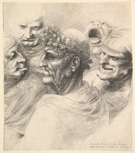 Cinq têtes grotesques, dont un vieil homme avec une couronne de feuilles de chêne - Wenceslaus Hollar
