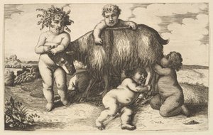 Quatre garçons, un jeune satyre et une chèvre copie inversée - Wenceslaus Hollar