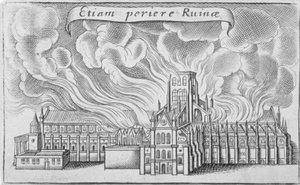 Ancienne cathédrale Saint-Paul brûlant dans le grand incendie de Londres, 1666