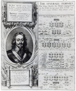 Portrait du roi Charles Ier avec des diagrammes montrant la formation de ses troupes pendant la guerre des évêques, vers 1639