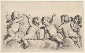 Trois chérubins et deux garçons sur des nuages, 1620-77 - Wenceslaus Hollar