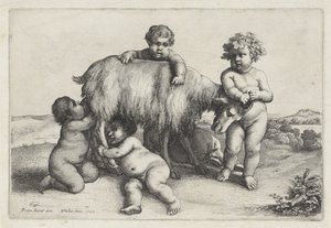 Quatre garçons, un satyre et une chèvre debout à droite, Putti et satyres (série) - Wenceslaus Hollar